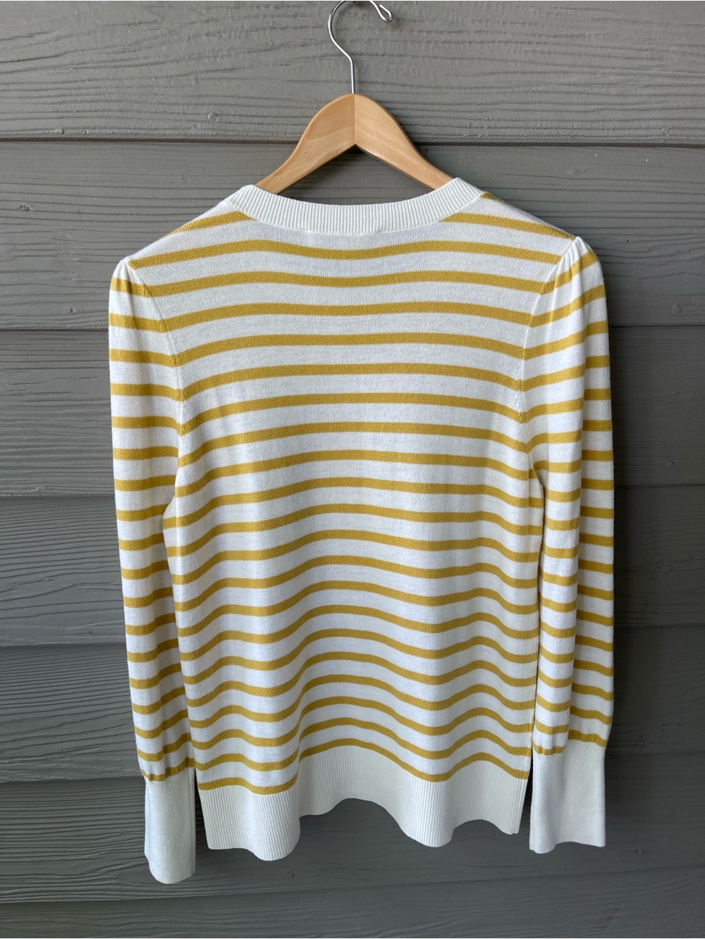 LOFT Women's Yellow White Striped Puff Sleeve Knit Sweater Size L - Picture 3 of 6